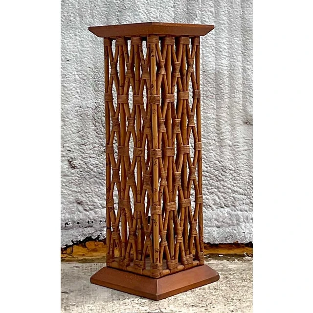 Vintage Coastal Trellis Rattan Pedestal - Back view