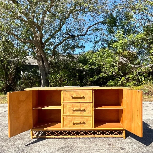 Vintage Coastal Parquet Rattan Credenza - Side view
