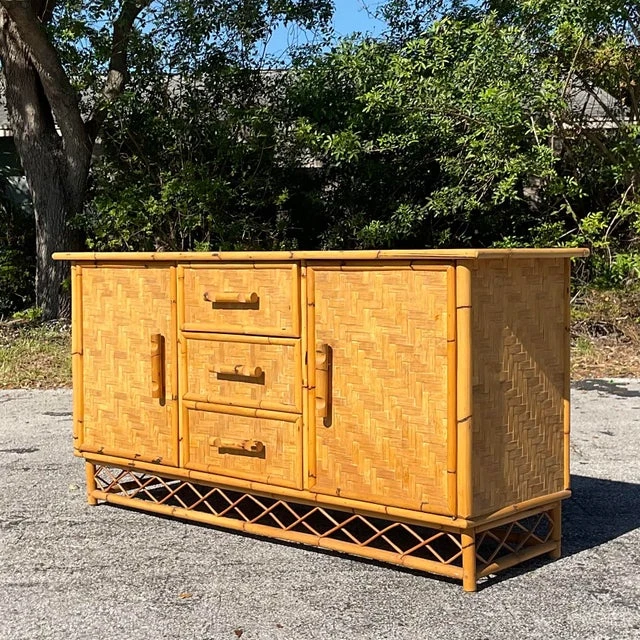 Vintage Coastal Parquet Rattan Credenza - Back view