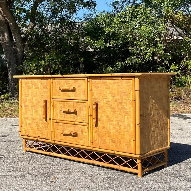 Vintage Coastal Parquet Rattan Credenza - Top view