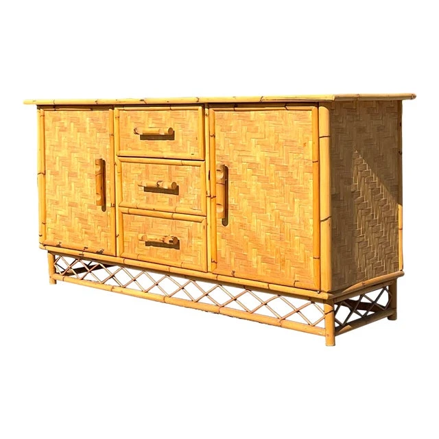 Vintage Coastal Parquet Rattan Credenza