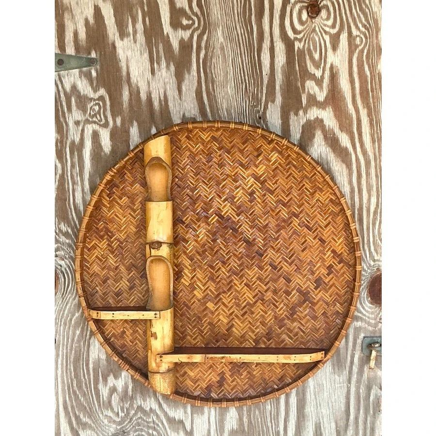 Vintage Boho Large Woven Rattan and Bamboo Wall Shelf - Detail view