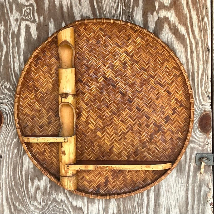 Vintage Boho Large Woven Rattan and Bamboo Wall Shelf - Side view