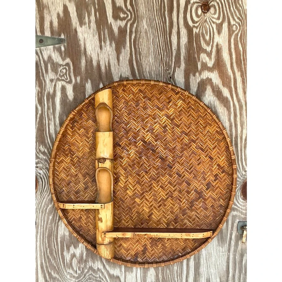 Vintage Boho Large Woven Rattan and Bamboo Wall Shelf - Back view
