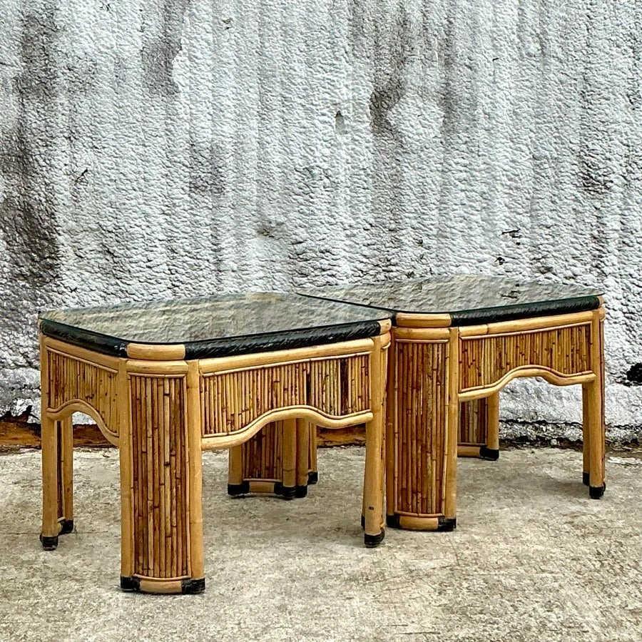 Vintage Coastal Pencil Reed Side Tables - a Pair - Detail view