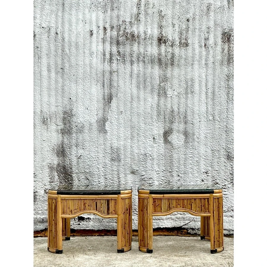 Vintage Coastal Pencil Reed Side Tables - a Pair - Side view