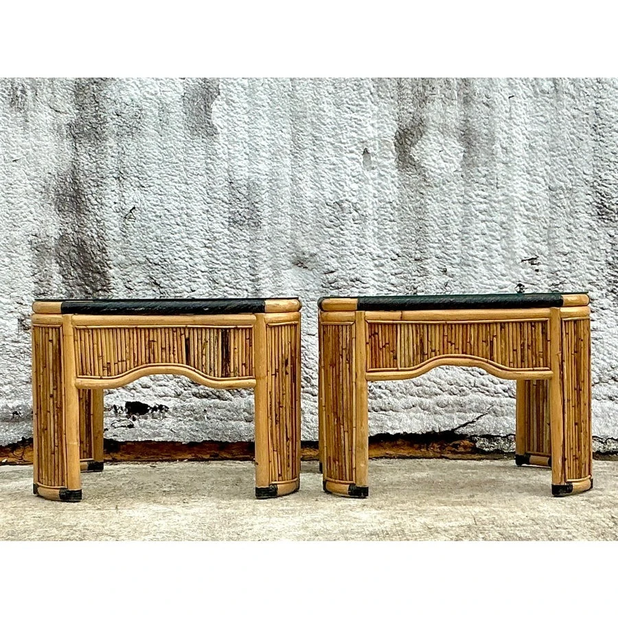 Vintage Coastal Pencil Reed Side Tables - a Pair - Back view