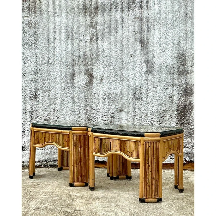 Vintage Coastal Pencil Reed Side Tables - a Pair - Top view