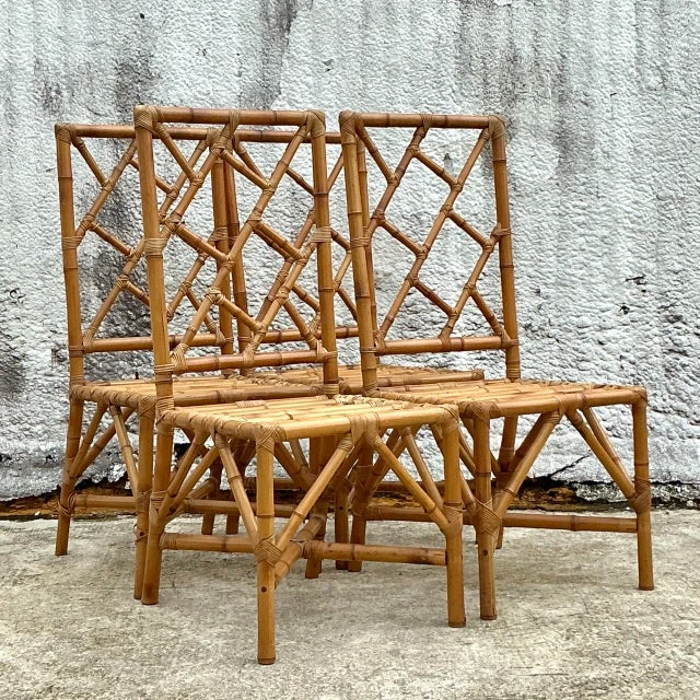 Vintage Coastal Chinese Chippendale Rattan Dining Chairs - Set of 4  - Detail view