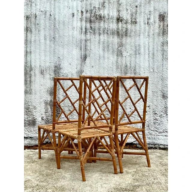Vintage Coastal Chinese Chippendale Rattan Dining Chairs - Set of 4  - Side view