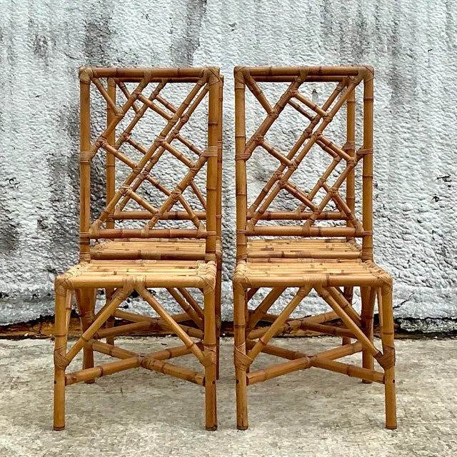 Vintage Coastal Chinese Chippendale Rattan Dining Chairs - Set of 4  - Back view