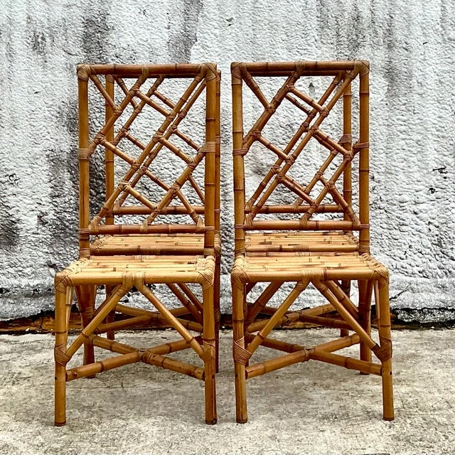 Vintage Coastal Chinese Chippendale Rattan Dining Chairs - Set of 4 - Top view