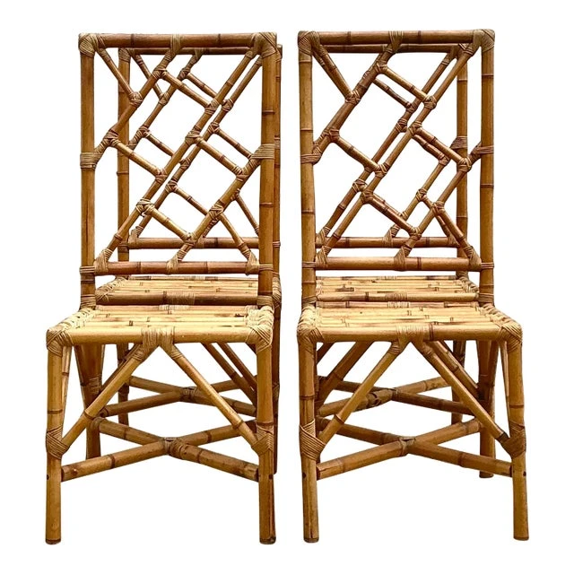 Vintage Coastal Chinese Chippendale Rattan Dining Chairs - Set of 4 