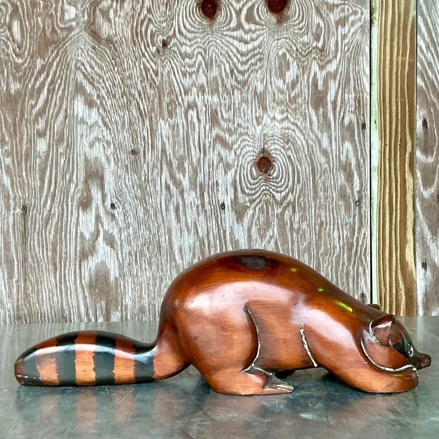 Vintage Boho Carved Wood Raccoon - Back view