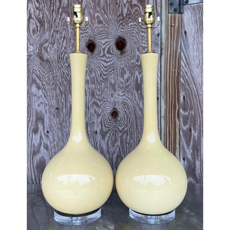 Vintage Mid-Century Modern Glazed Ceramic Gourd Lamps - a Pair - Side view