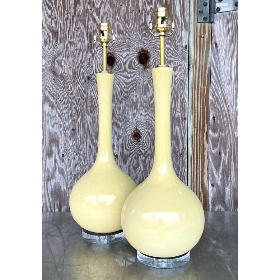 Vintage Mid-Century Modern Glazed Ceramic Gourd Lamps - a Pair - Back view