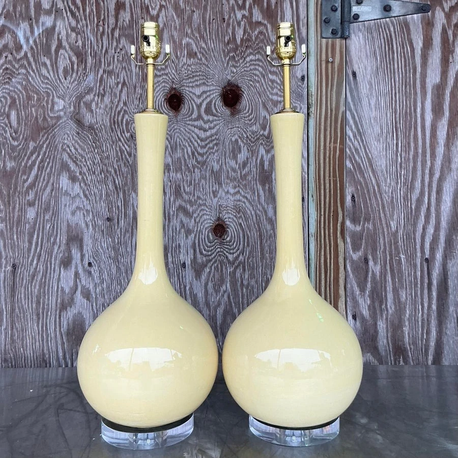 Vintage Mid-Century Modern Glazed Ceramic Gourd Lamps - a Pair - Top view