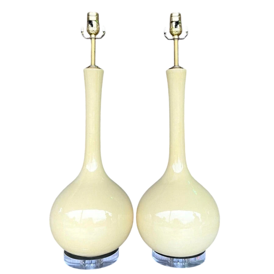 Vintage Mid-Century Modern Glazed Ceramic Gourd Lamps - a Pair