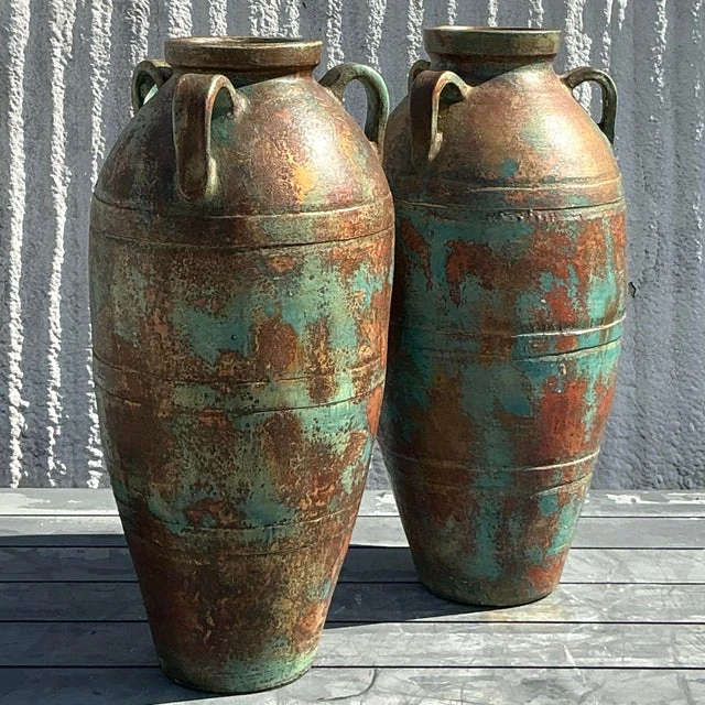 Vintage Boho Patinated Terra Cotta Urns - a Pair - Side view