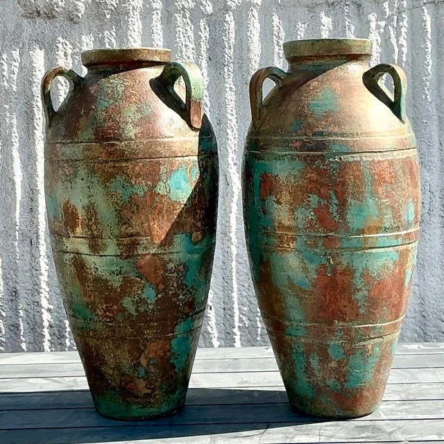 Vintage Boho Patinated Terra Cotta Urns - a Pair - Detail view