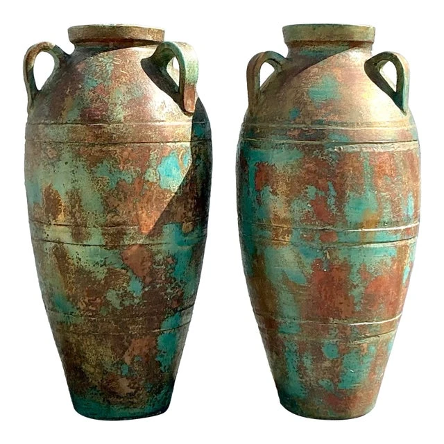 Vintage Boho Patinated Terra Cotta Urns - a Pair
