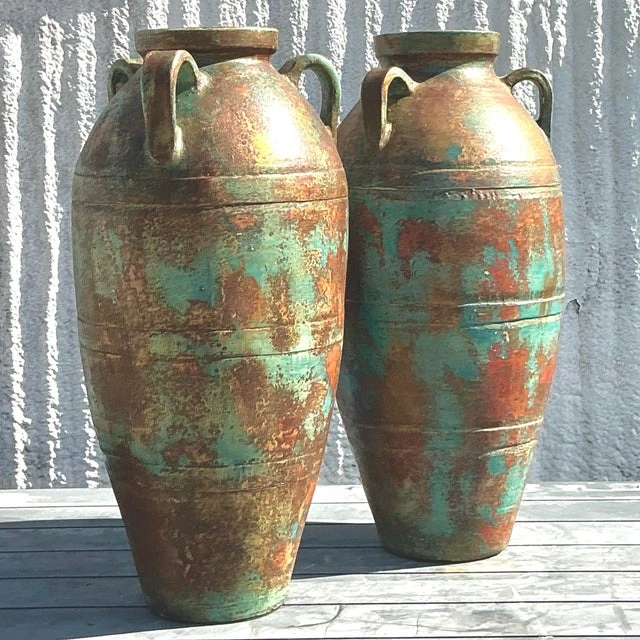 Vintage Boho Patinated Terra Cotta Urns - a Pair - Back view