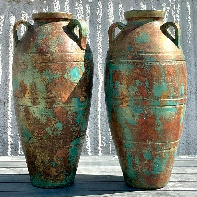 Vintage Boho Patinated Terra Cotta Urns - a Pair - Top view
