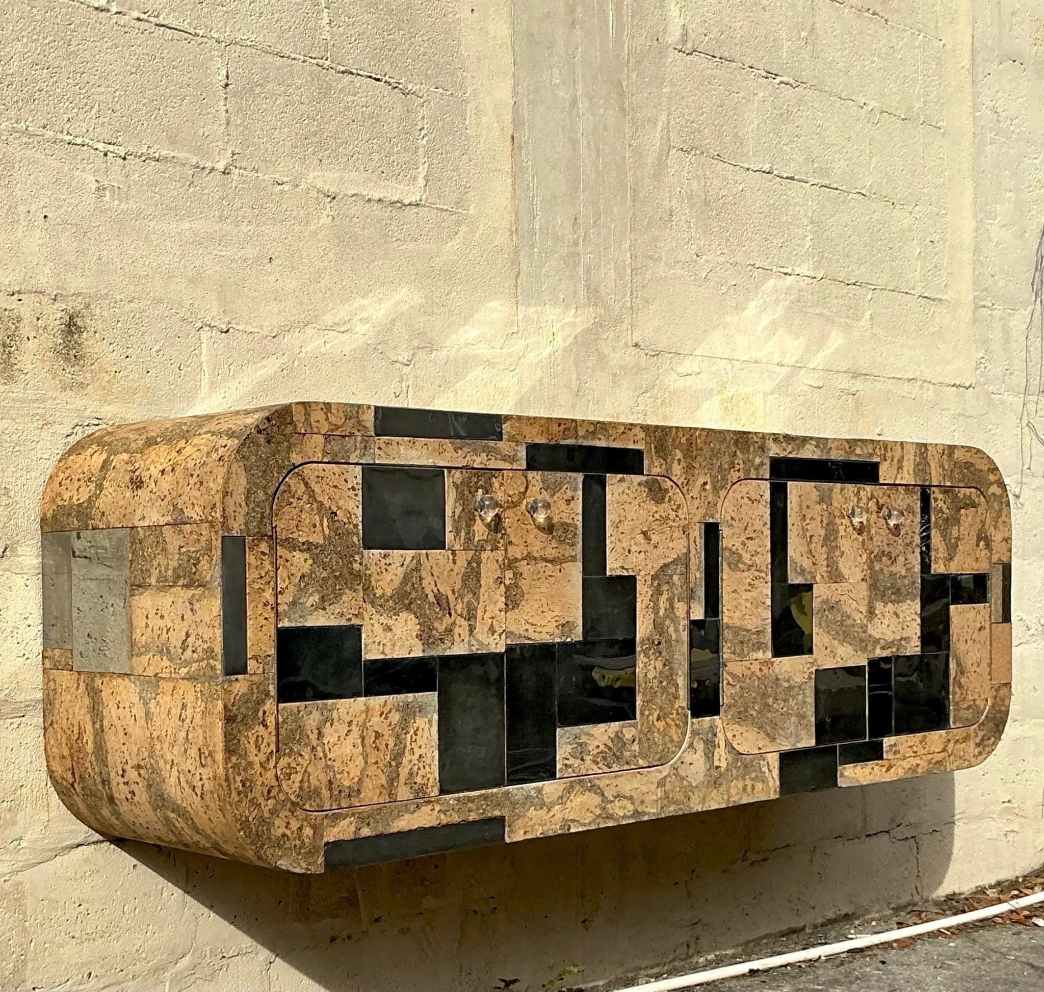 Vintage Boho Cork and Chrome Floating Wall Credenza After Paul Evans - Side view