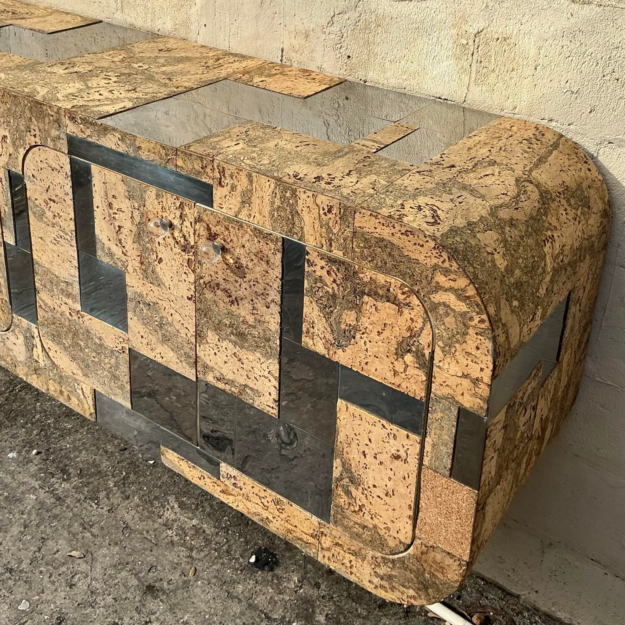 Vintage Boho Cork and Chrome Floating Wall Credenza After Paul Evans - Top view