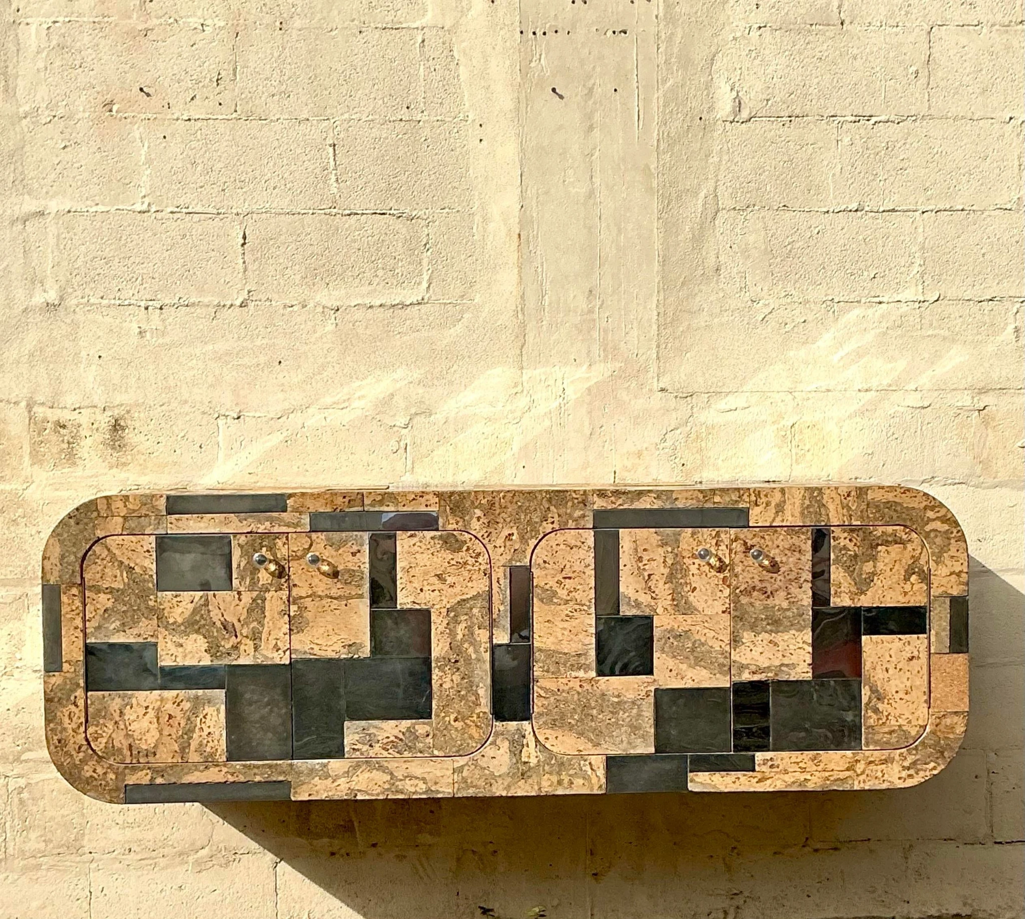 Vintage Boho Cork and Chrome Floating Wall Credenza After Paul Evans - Detail view
