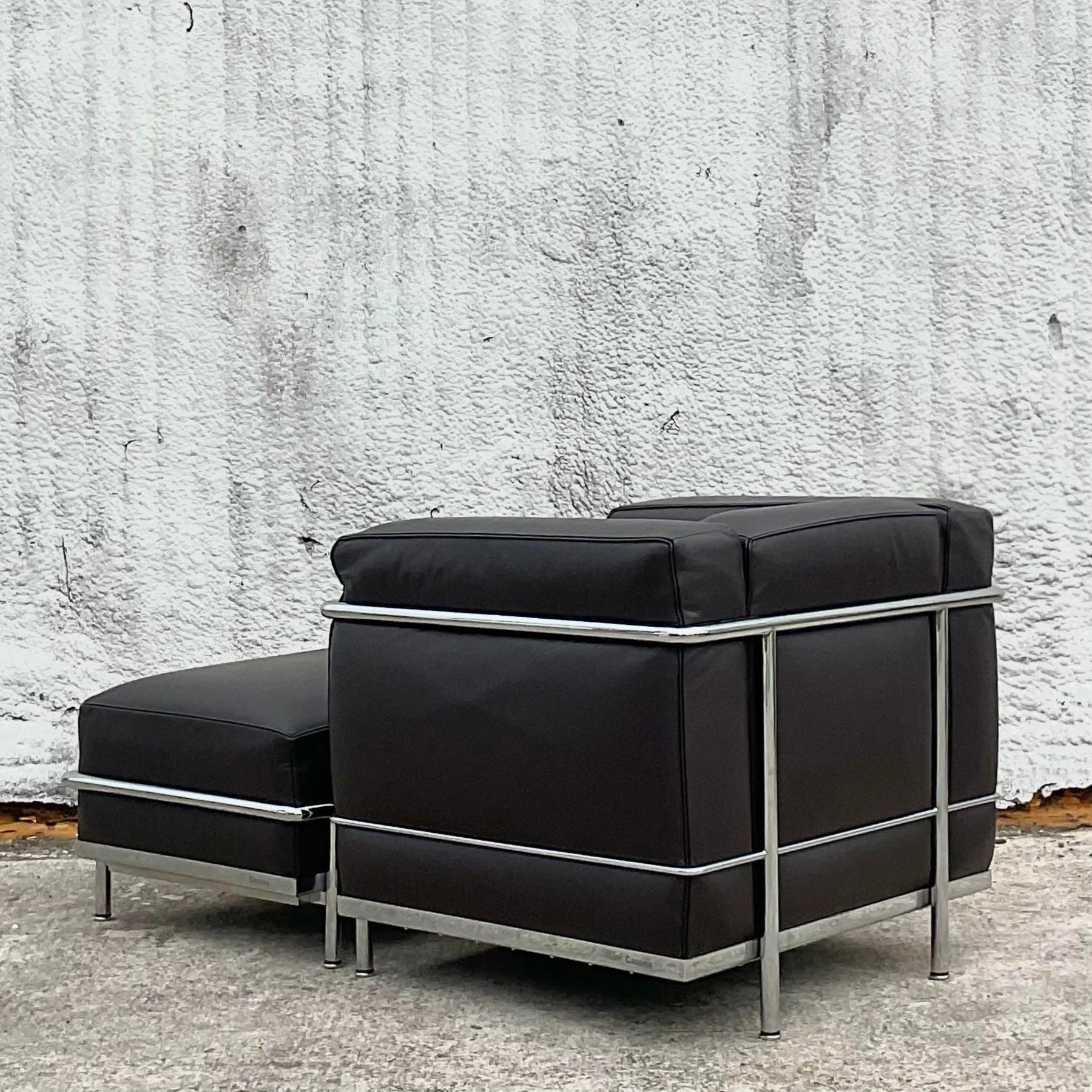 Vintage Italian Contemporary Cassina Lc2 Petite Modele Corbusier Leather Chair and Ottoman - Set of 2 - Side view