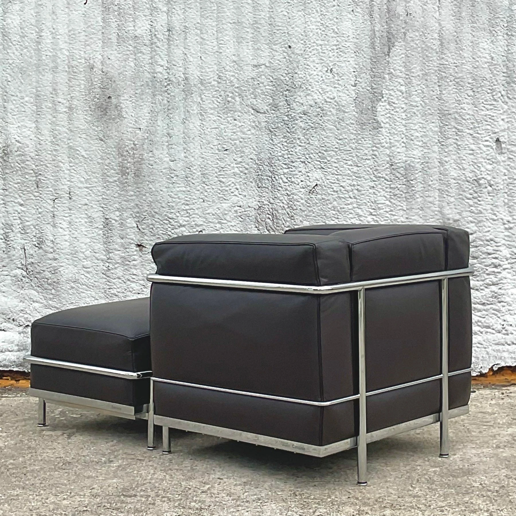 Vintage Italian Contemporary Cassina Lc2 Petite Modele Corbusier Leather Chair and Ottoman - Set of 2 - Top view