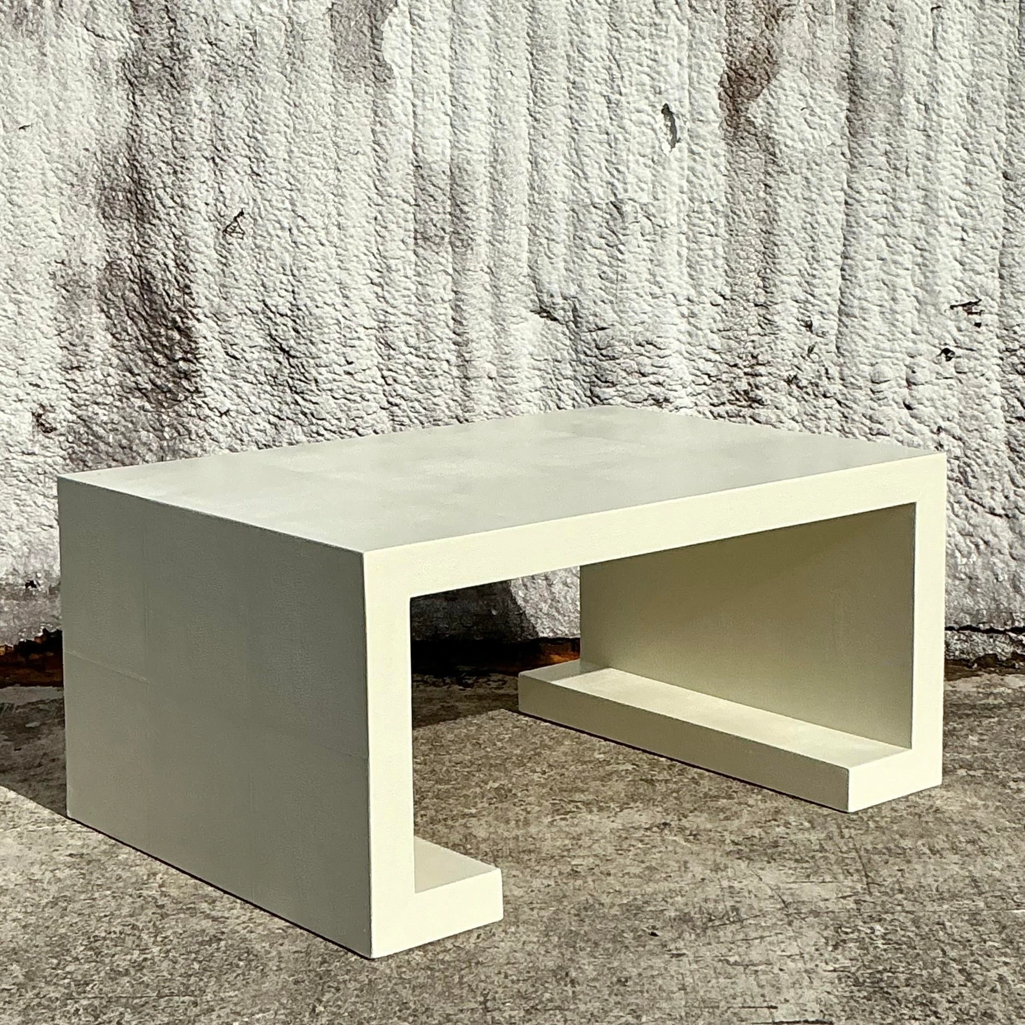 Vintage Boho Lacquered Shagreen Scroll Coffee Table - Top view