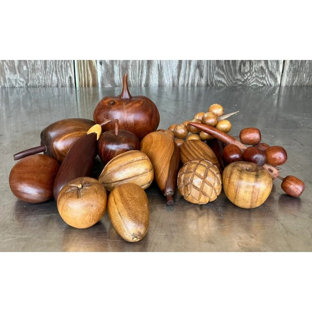 Vintage Boho Collection of Wood Fruit- 14 Pieces - Side view