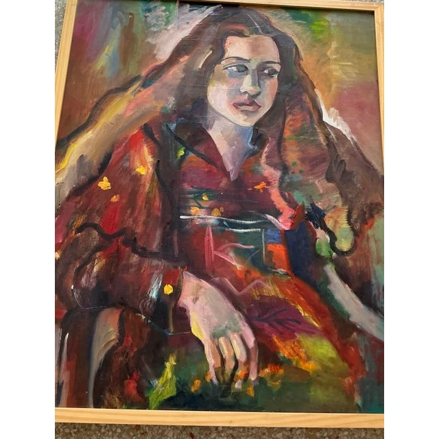 Vintage Boho Original Oil Portrait on Canvas - Top view