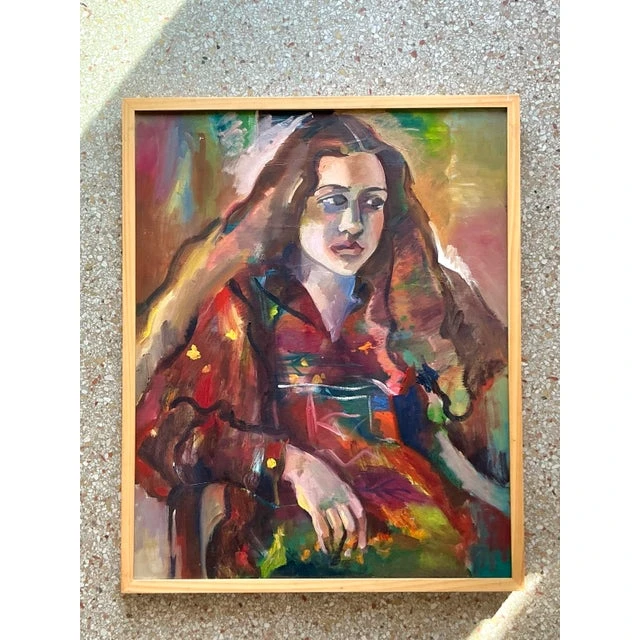 Vintage Boho Original Oil Portrait on Canvas - Back view