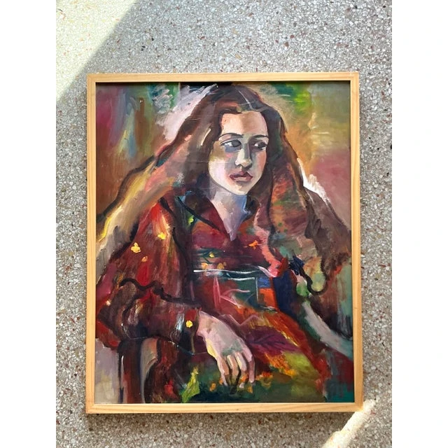 Vintage Boho Original Oil Portrait on Canvas - Side view
