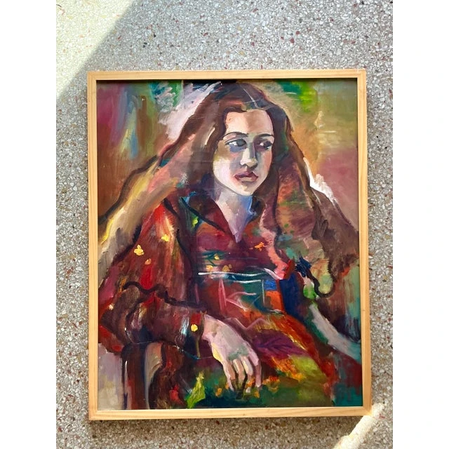 Vintage Boho Original Oil Portrait on Canvas - Detail view