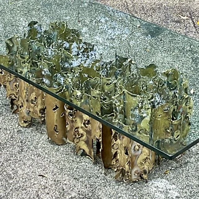 1970s Vintage Brutalist Signed Silas Seandel “Cathedral” Torch Cut Brass Coffee Table - Back view