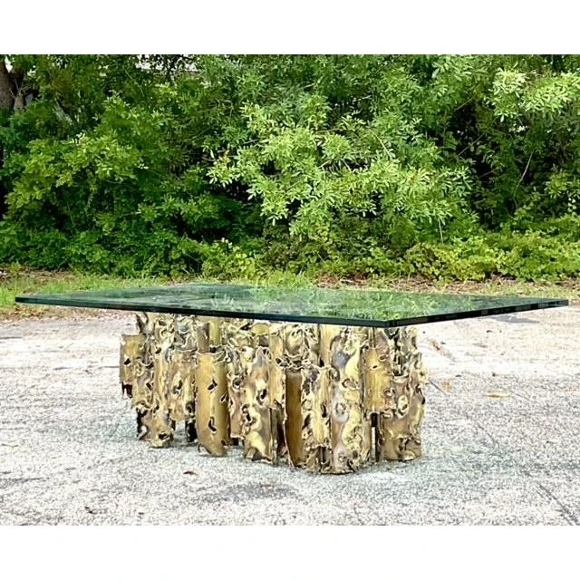 1970s Vintage Brutalist Signed Silas Seandel “Cathedral” Torch Cut Brass Coffee Table - Side view