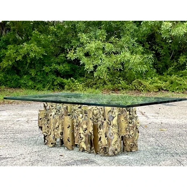 1970s Vintage Brutalist Signed Silas Seandel “Cathedral” Torch Cut Brass Coffee Table - Detail view