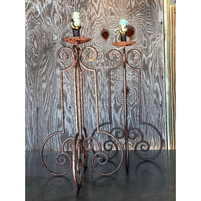 Vintage Boho Scroll Metal Column Lamps - a Pair - Side view