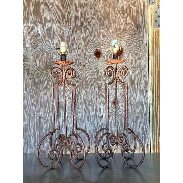 Vintage Boho Scroll Metal Column Lamps - a Pair - Detail view