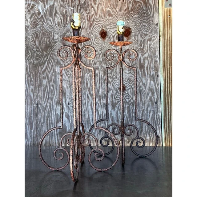 Vintage Boho Scroll Metal Column Lamps - a Pair - Back view