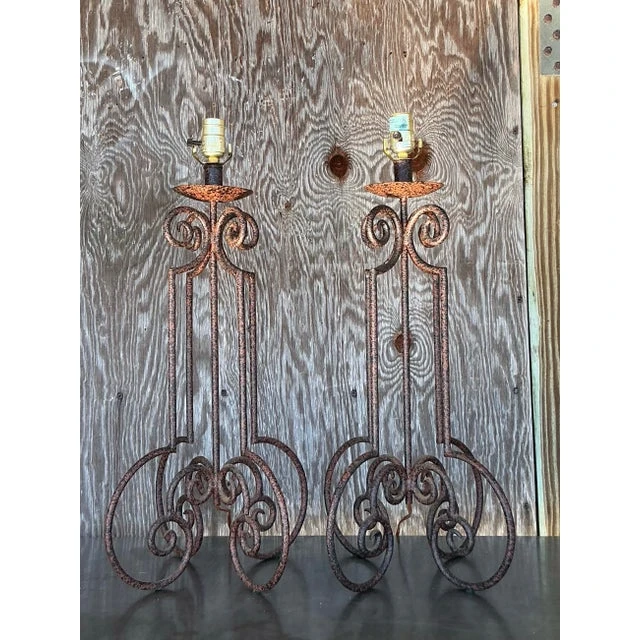 Vintage Boho Scroll Metal Column Lamps - a Pair - Top view