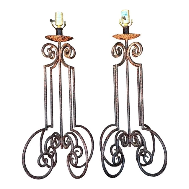 Vintage Boho Scroll Metal Column Lamps - a Pair