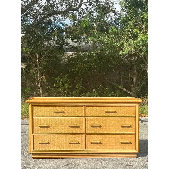 Vintage Coastal Woven Rattan Dresser - Detail view