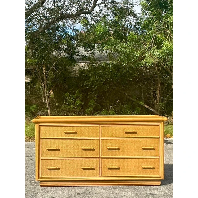 Vintage Coastal Woven Rattan Dresser - Top view