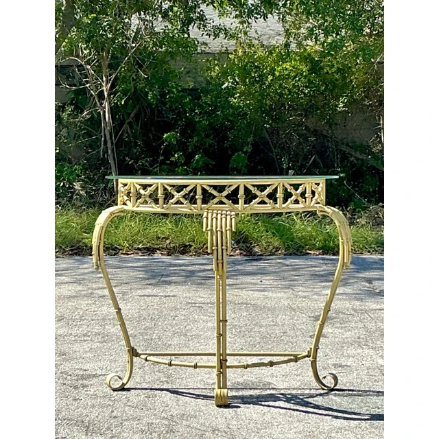 Vintage Coastal Metal Bamboo Demilune Table - Side view