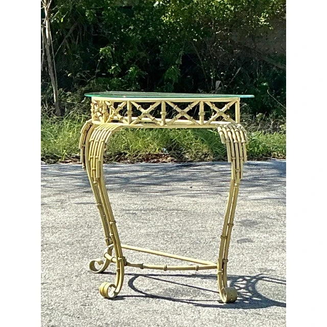Vintage Coastal Metal Bamboo Demilune Table - Back view